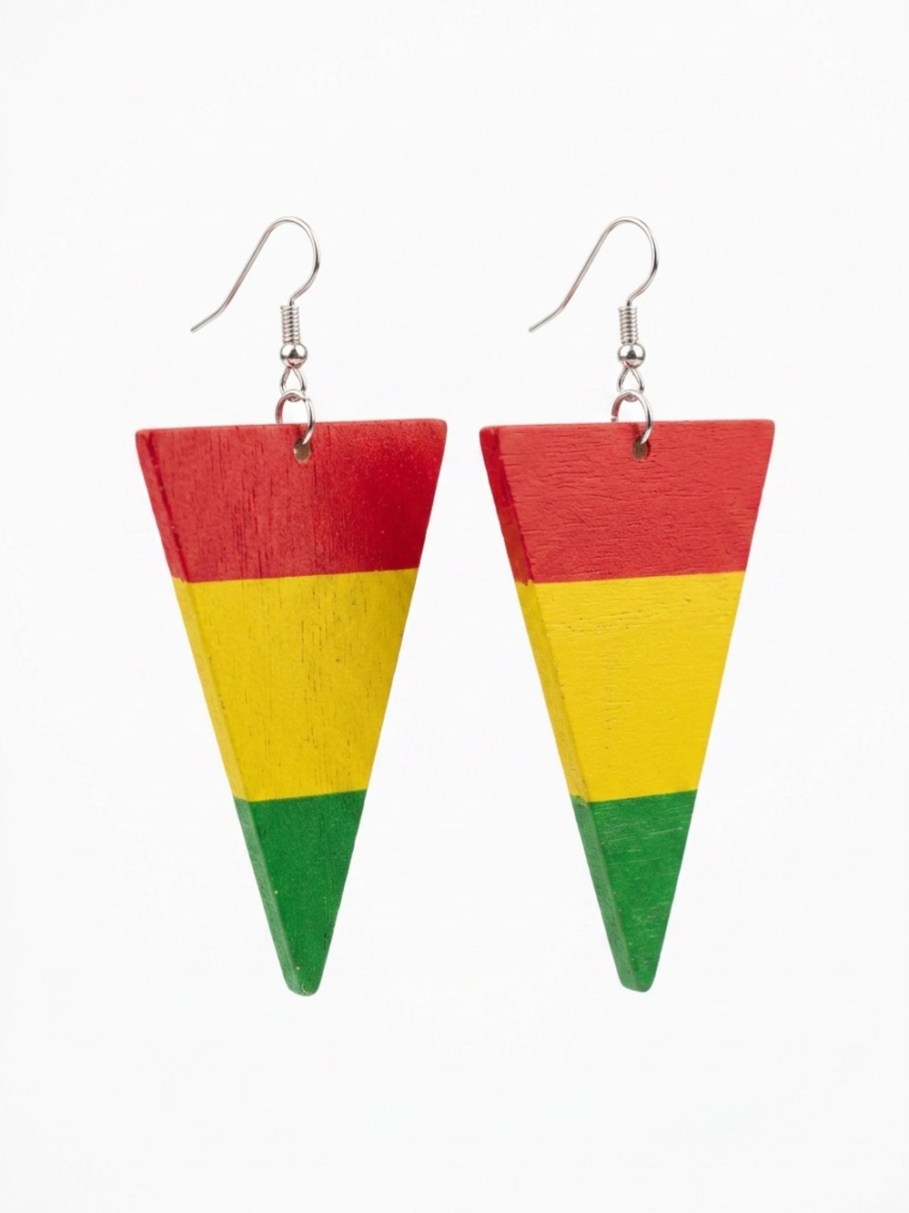Tri-Stripe Wooden Triangle Drop Earrings - Red, Yellow & Green